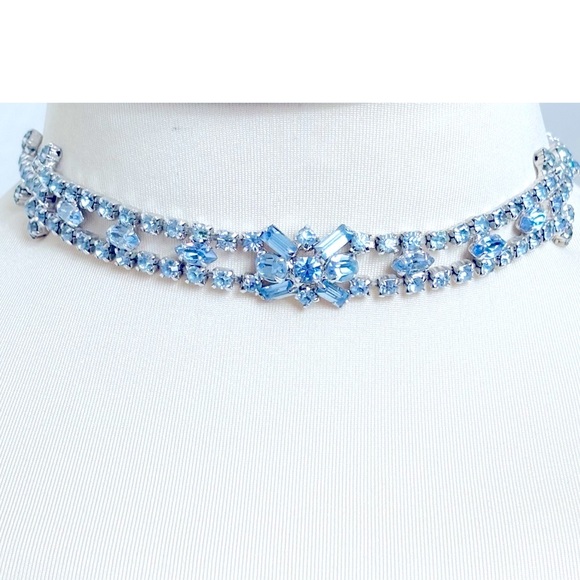 Vintage Light Blue Rhinestone Choker Necklace 1950’s - Picture 2 of 14